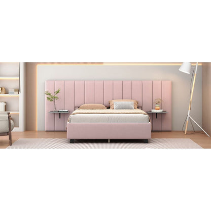 Queen Size Upholstered Platform Bed with Big Headboard, Bedroom Furniture, Velvet, Pink