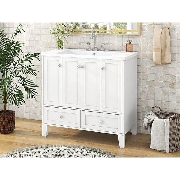 36" Bathroom Vanity with Resin Sink Combo,Solid Wood Frame Bathroom Storage Cabinet, Freestanding Vanity Set with 4 Soft Closing Doors& 2 Drawers