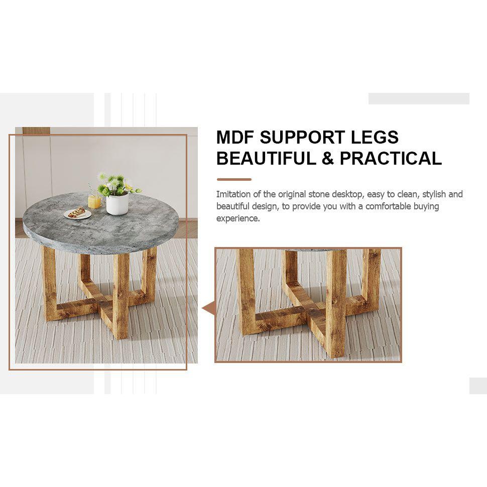 A modern and practical circular dining table. Made of MDF tabletop and wooden MDF table legs. A set of 4 brown cushioned chairs.