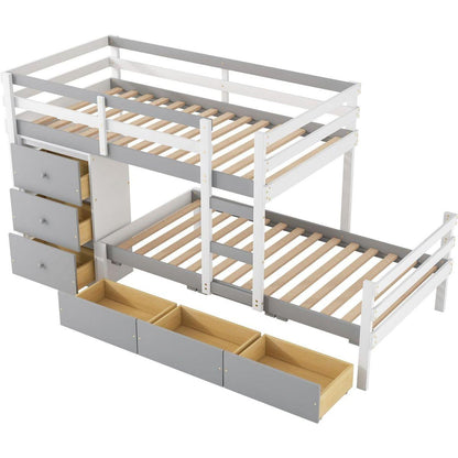 Twin over Twin Loft Bunk Bed with Drawers and Ladder, Gray