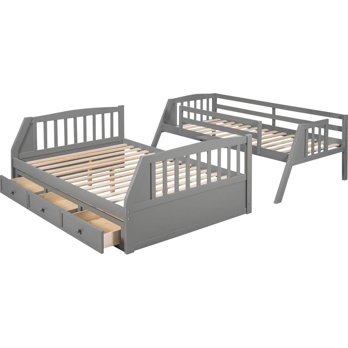 Twin-Over-Full Bunk Bed with Drawers氓Ladder and Storage Staircase, Gray