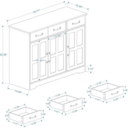Farmhouse Buffet Cabinet Storage Sideboard with 3 Drawers and 3 Doors for Dining Living Room Kitchen Cupboard-White