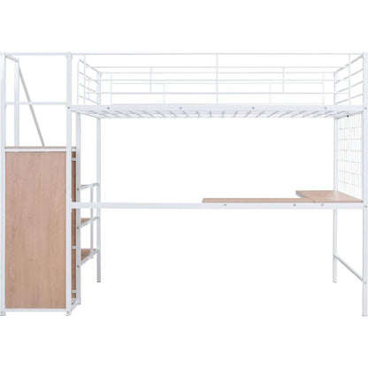 Full Size Metal Loft Bed with Desk and Metal Grid, Stylish Metal Frame Bed with Lateral Storage Ladder and Wardrobe, White
