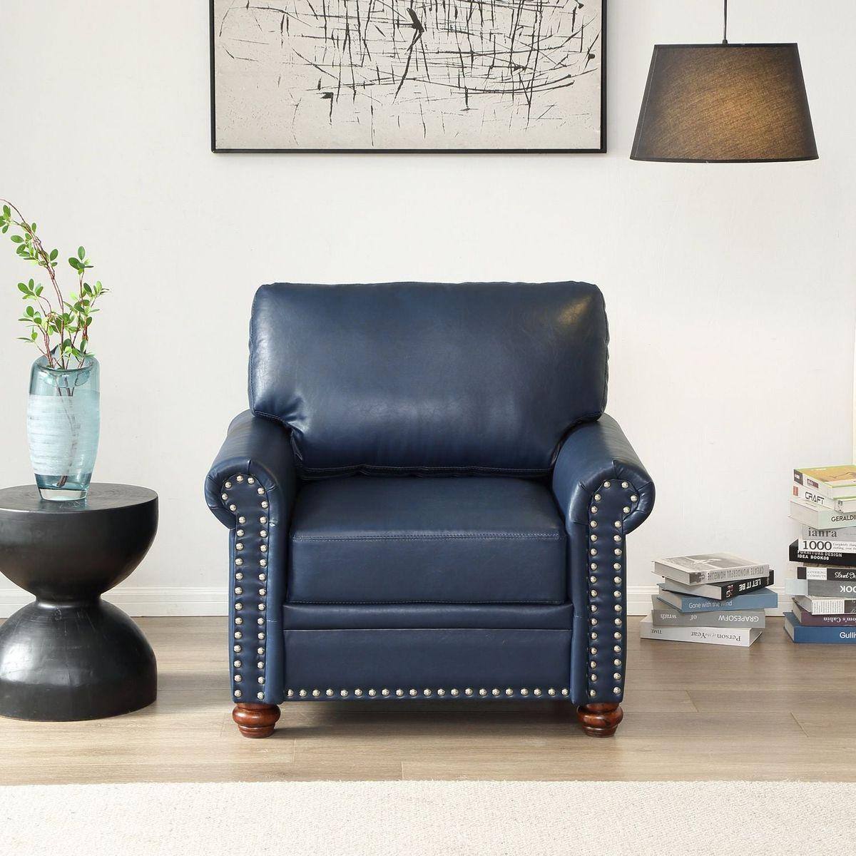 Living Room Sofa Single Seat Chair with Wood Leg Navy Blue Faux Leather