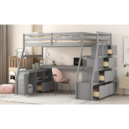 Twin Size Loft Bed with 7 Drawers 2 Shelves and Desk - Gray