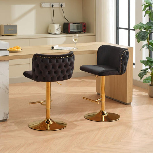 Swivel Barstools Adjusatble Seat Height With Gold-plating Base, Classic Velvet Upholstered Bar Stools with the whole Back Tufted, for Home Pub and Kitchen Island,Black,Set of 2