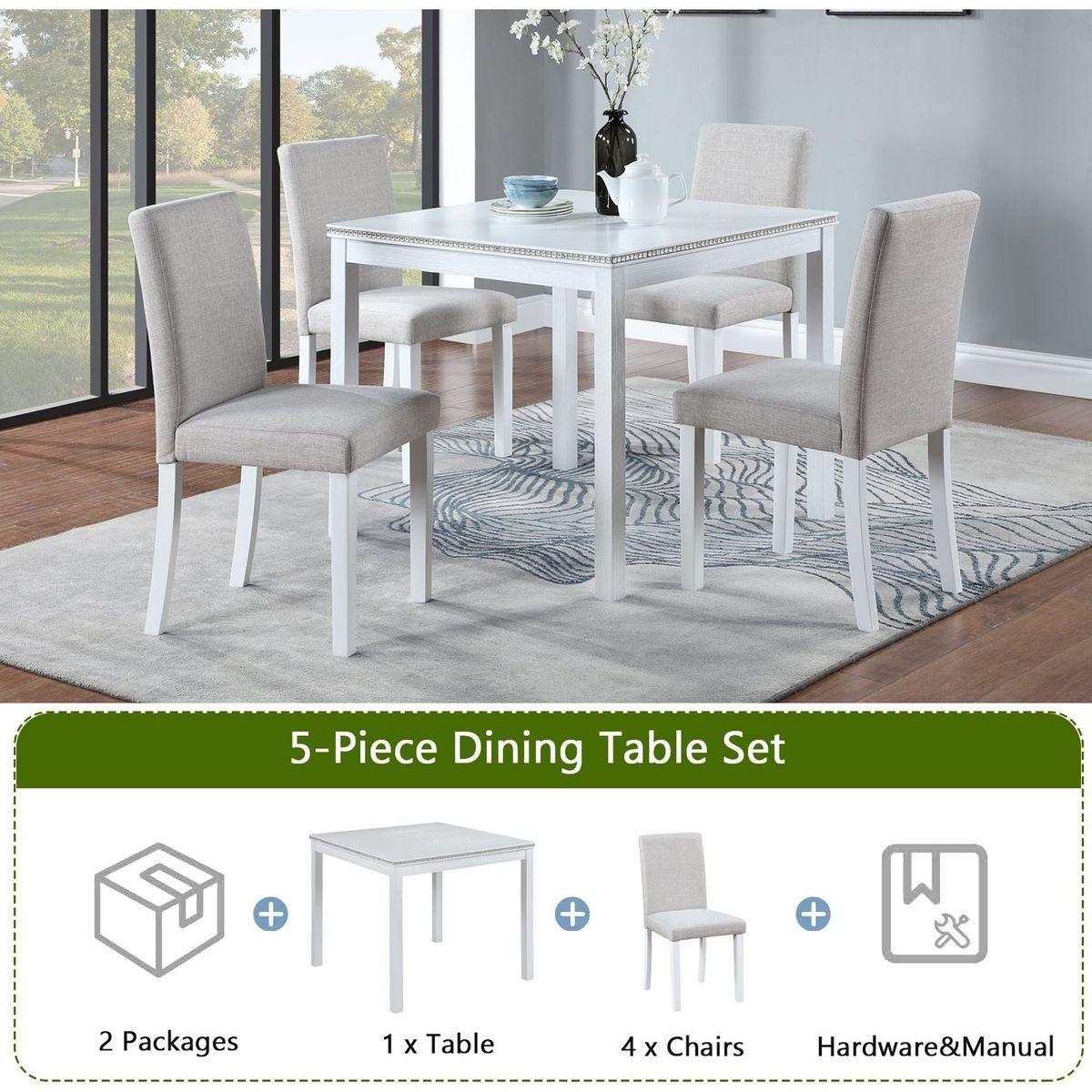 5 Piece Wooden Dining Table Set, Kitchen Table Set with a Square Table and 4 Upholstered Chairs, Wooden Dining Room Table with Crystal Decoration and Chairs Set for Kitchen, Dining Room, White