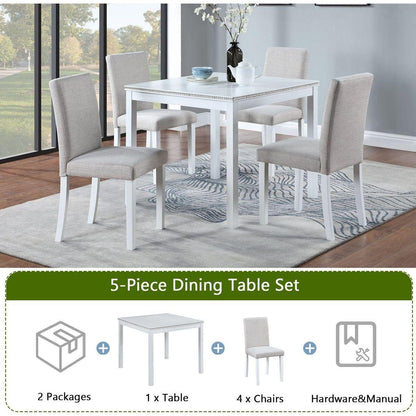 5 Piece Wooden Dining Table Set, Kitchen Table Set with a Square Table and 4 Upholstered Chairs, Wooden Dining Room Table with Crystal Decoration and Chairs Set for Kitchen, Dining Room, White