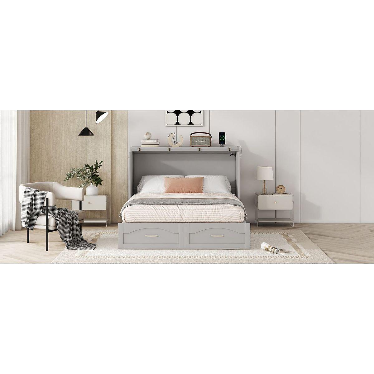 Full Size Murphy Bed Wall Bed with drawer and a set of Sockets & USB Ports, Pulley Structure Design, Gray