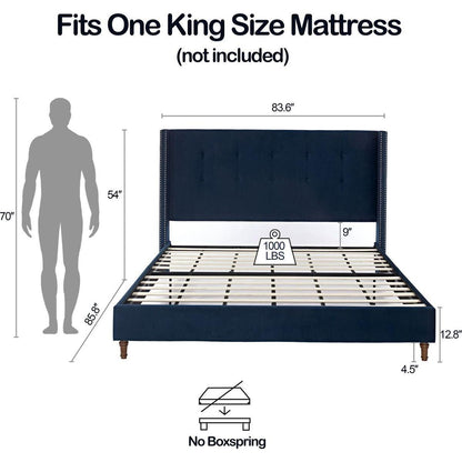 Upholstered King Bed / 54" High Headboard / Traditional Hand Buttoned Tufting / Nailhead Trim Wingback / No Box Spring Needed / Easy Assembly / Blue Velvet