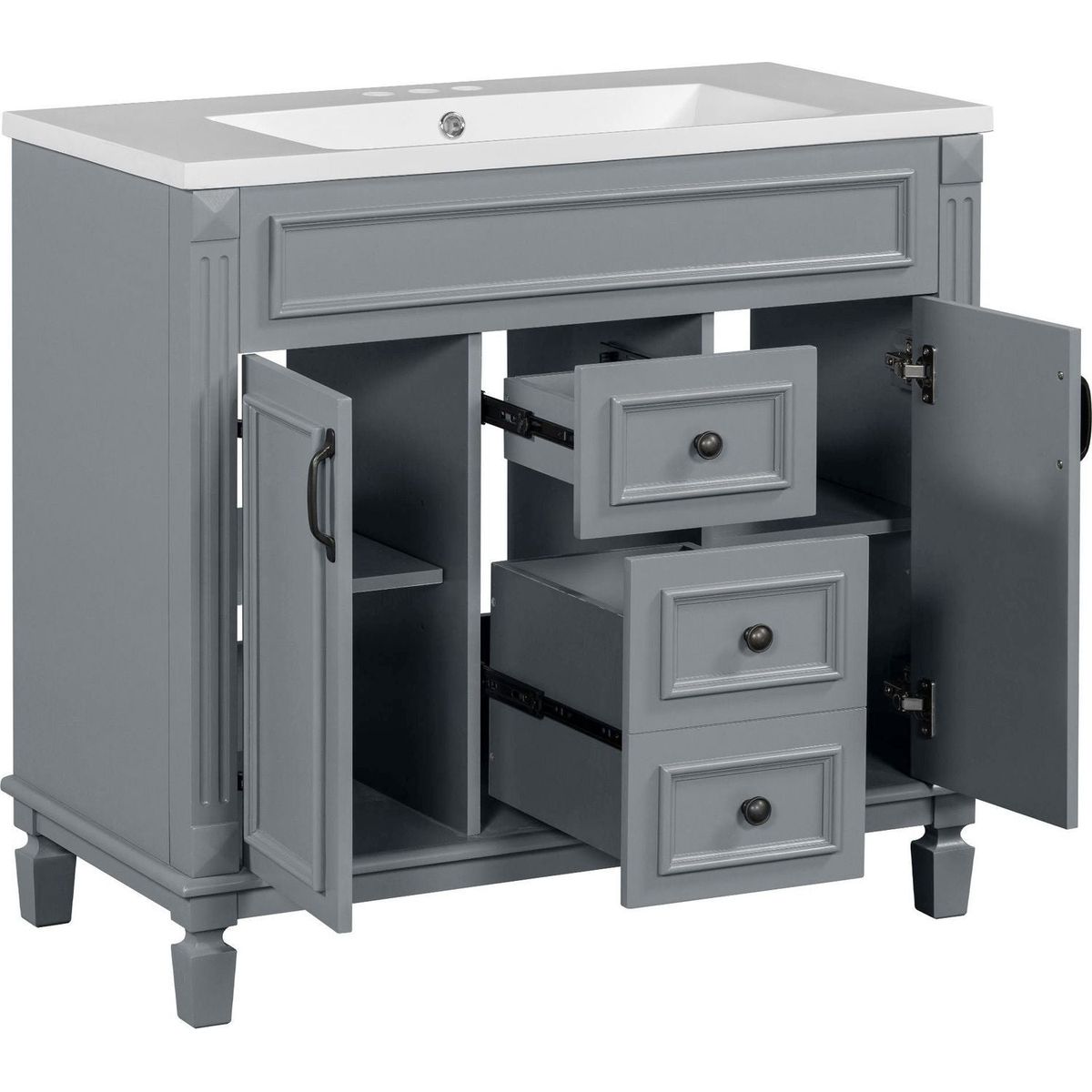 36" Bathroom Vanity with Top Sink, Grey Mirror Cabinet, Modern Bathroom Storage Cabinet with 2 Soft Closing Doors and 2 Drawers, Single Sink Bathroom Vanity