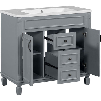 36" Bathroom Vanity with Top Sink, Grey Mirror Cabinet, Modern Bathroom Storage Cabinet with 2 Soft Closing Doors and 2 Drawers, Single Sink Bathroom Vanity