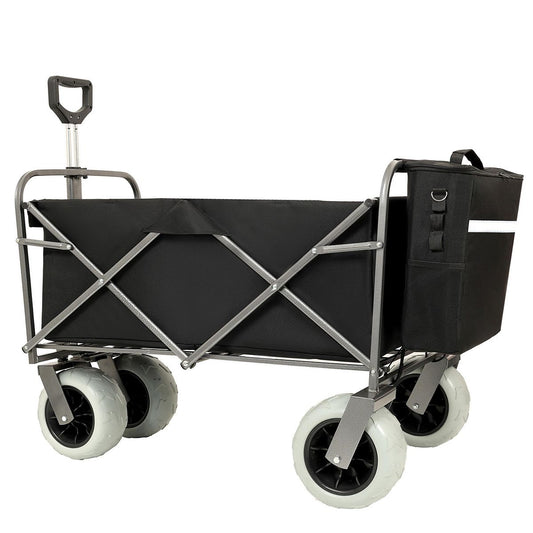 Beach Wagon with Big Wheels for Sand 500lbs capacity - All Terrain Steel Frame Utility Cart with 9' Pneumatic Tires, Collapsible Folding Design ,strap with multiuse bag ,black - Streamdale Furniture
