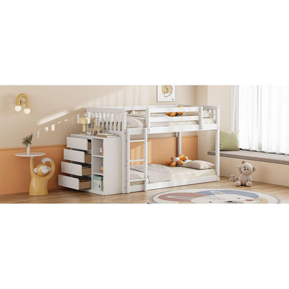 Twin over Twin Bunk Bed with 4 Drawers and 3 Shelves-White