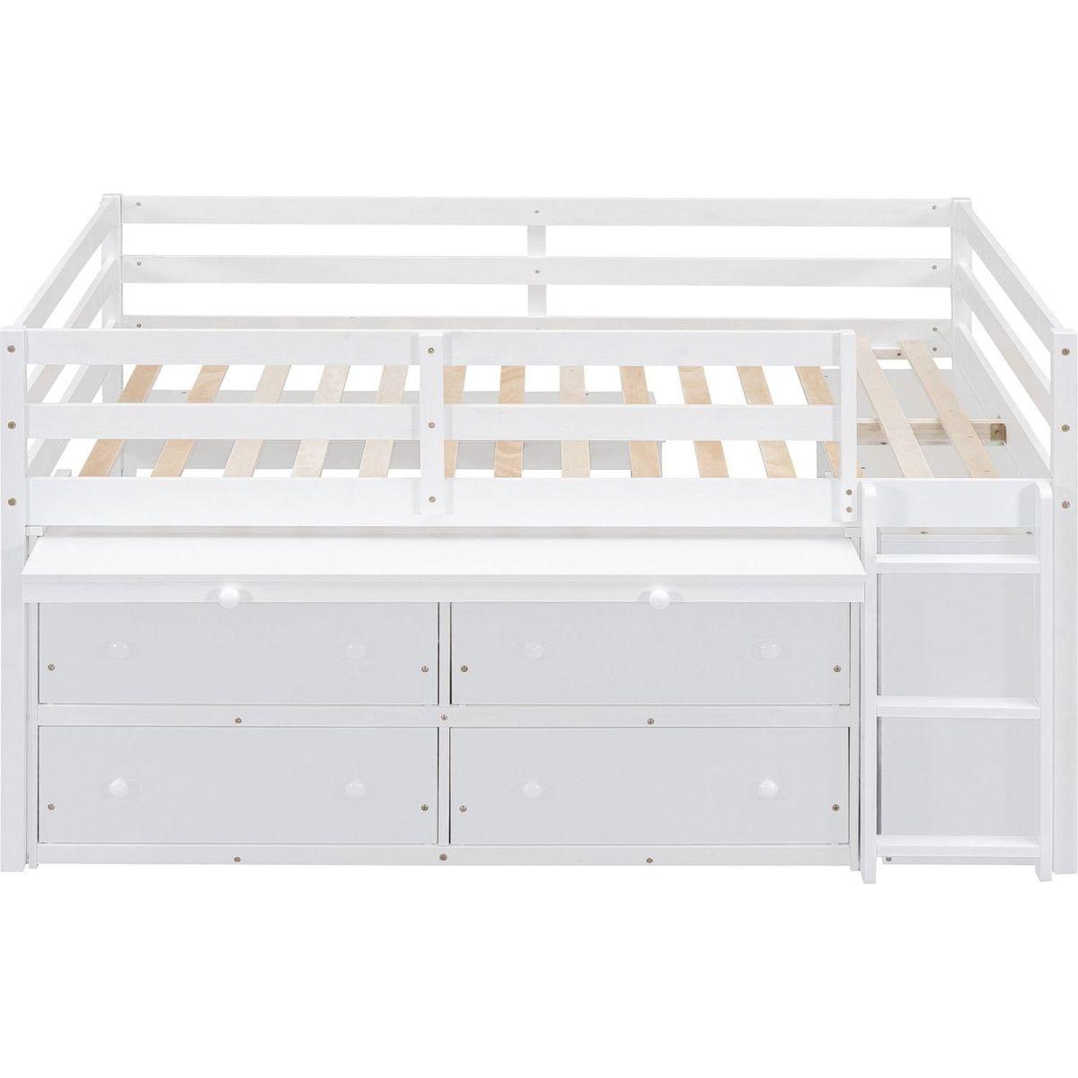 Full Size Loft Bed with Retractable Writing Desk and 4 Drawers, Wooden Loft Bed with Lateral Portable Desk and Shelves, White