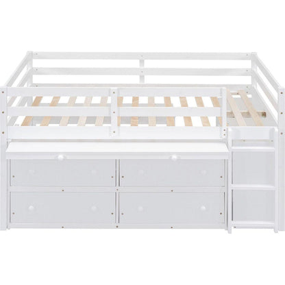 Full Size Loft Bed with Retractable Writing Desk and 4 Drawers, Wooden Loft Bed with Lateral Portable Desk and Shelves, White