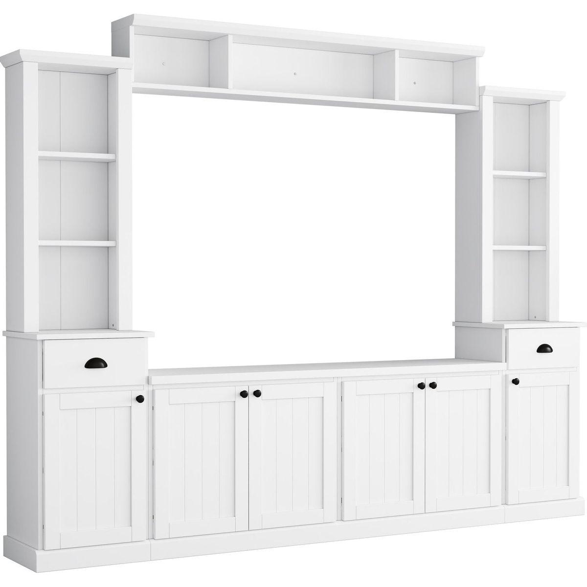 Minimalist Entertainment Wall Unit Set with Bridge for TVs Up to 75", Ample Storage Space TV Stand with Adjustable Shelves, Modernist Large Media Console for Living Room, White