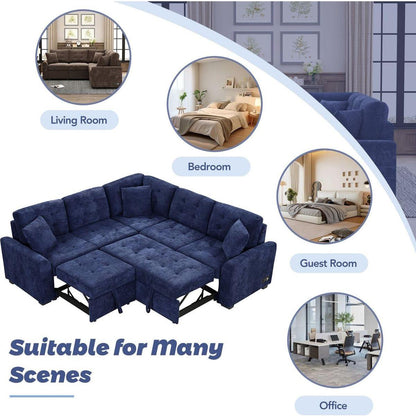 82.6" L-shape Sofa Bed Pull-out Sleeper Sofa with Wheels, USB Ports, Power Sockets for Living Room, Navy Blue