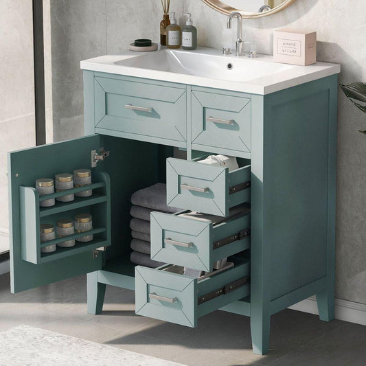 30" Bathroom Vanity with Sink Combo, Green Bathroom Cabinet with Drawers, Solid Frame and MDF Board