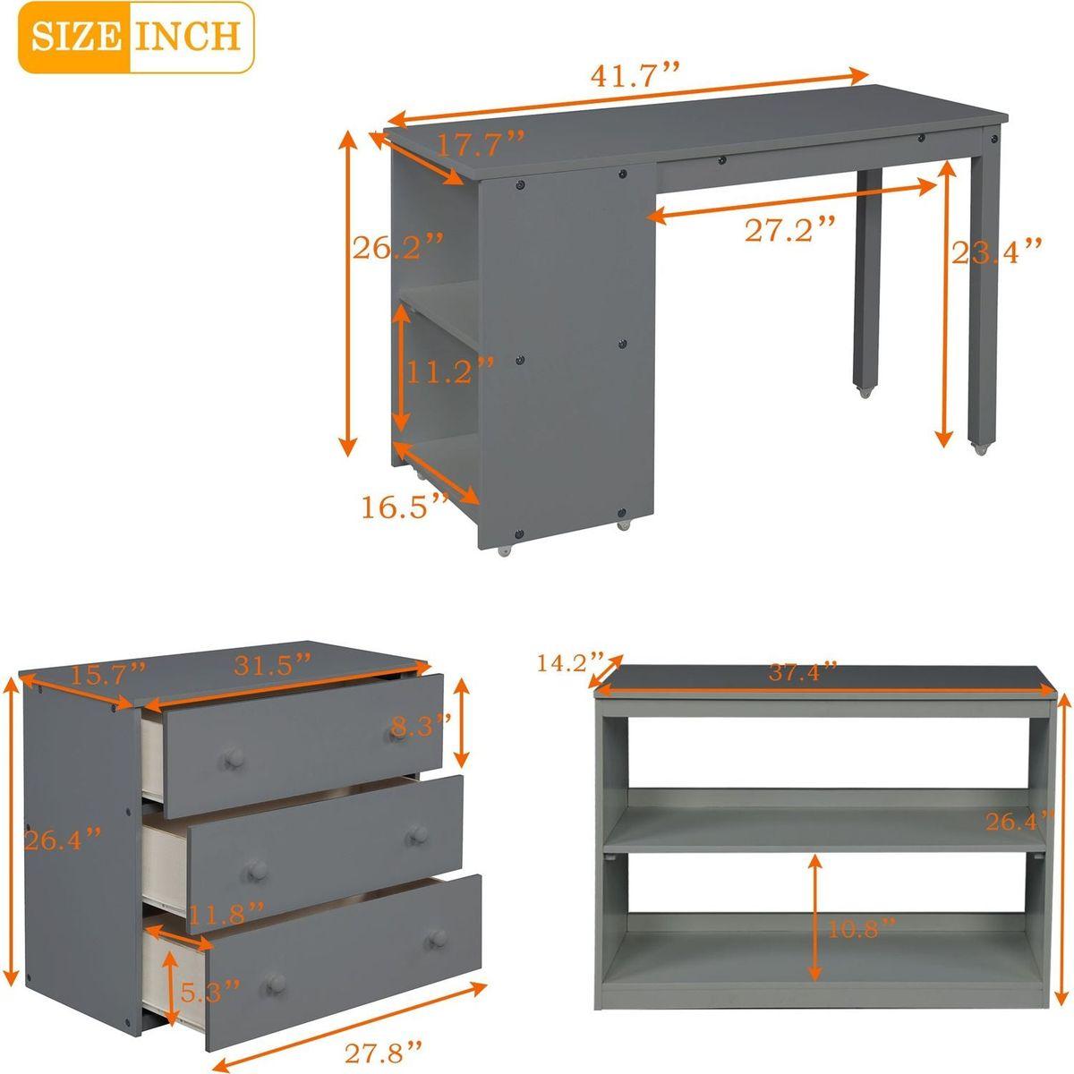 Low Study Twin Loft Bed with Cabinet and Rolling Portable Desk - Gray