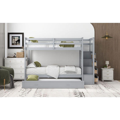 Twin Over Twin Bunk Bed with Trundle and Staircase,Gray