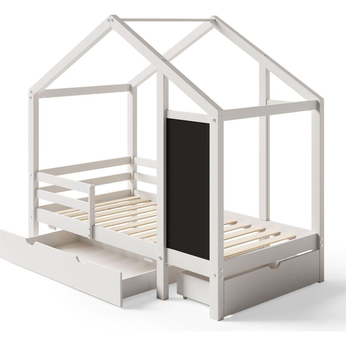 Twin House Bed with Blackboard and Drawers, Two assembly options, White
