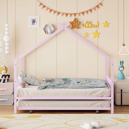 Full Size Metal House Bed with Twin Size Trundle, Pink