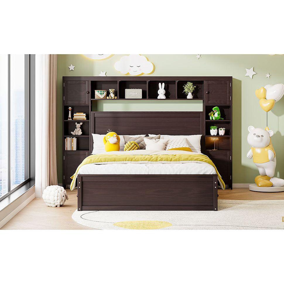 Queen Size Wooden Bed With All-in-One Cabinet, Shelf and Sockets, Espresso