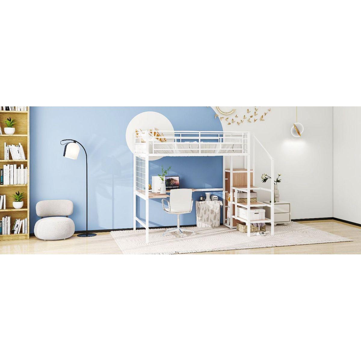 Full Size Metal Loft Bed with Desk and Metal Grid, Stylish Metal Frame Bed with Lateral Storage Ladder and Wardrobe, White