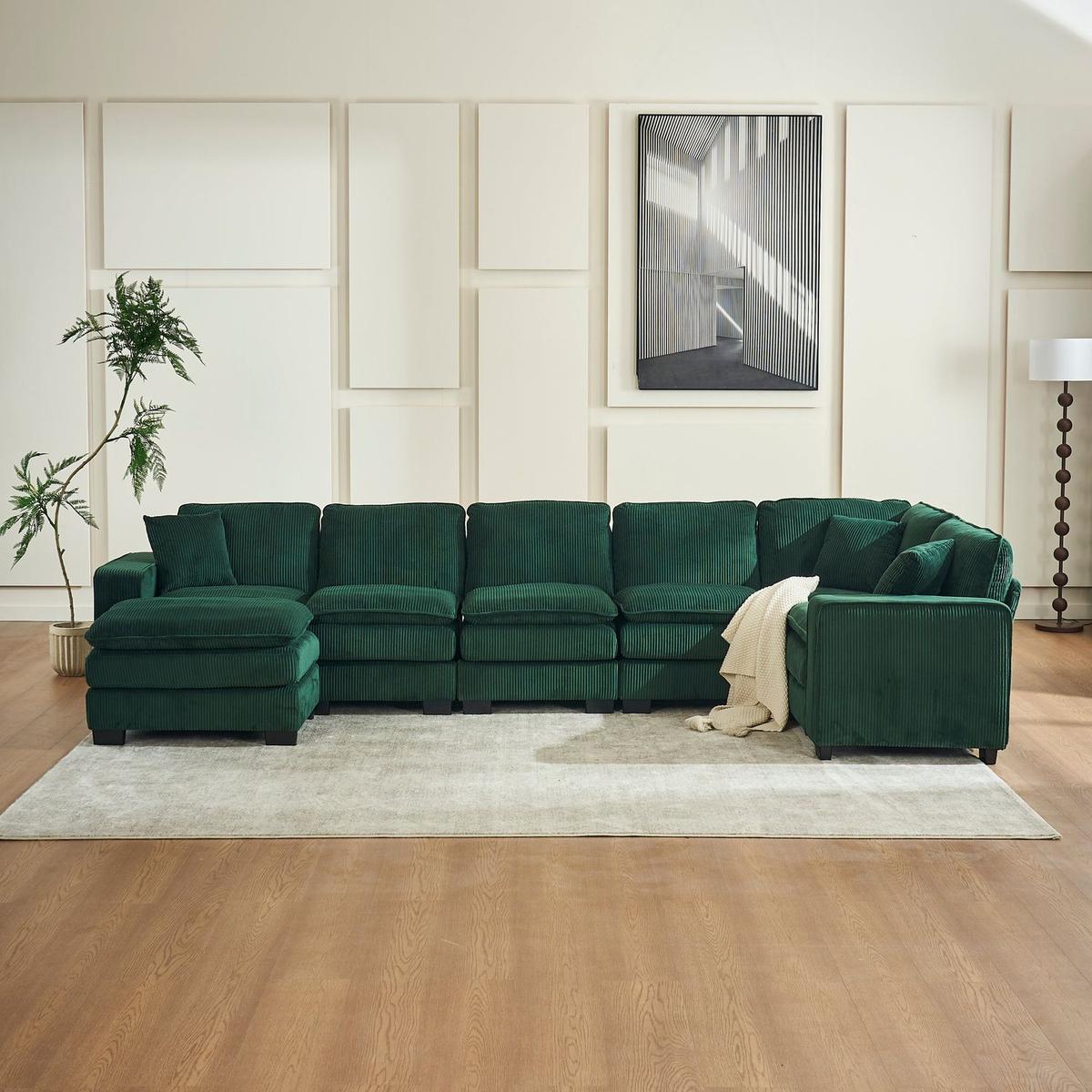 Modern U Shaped 6-seat Sectional Sofa Couch with one Ottoman and three toss pillows, Modular Sofa for Living Room,Corduroy sofa