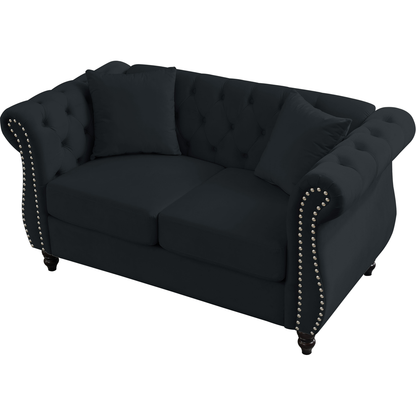 58.8" Chesterfield Sofa Black Velvet for Living Room, 2 Seater Sofa Tufted Couch with Rolled Arms and Nailhead for Living Room, Bedroom, Office, Apartment, two pillows