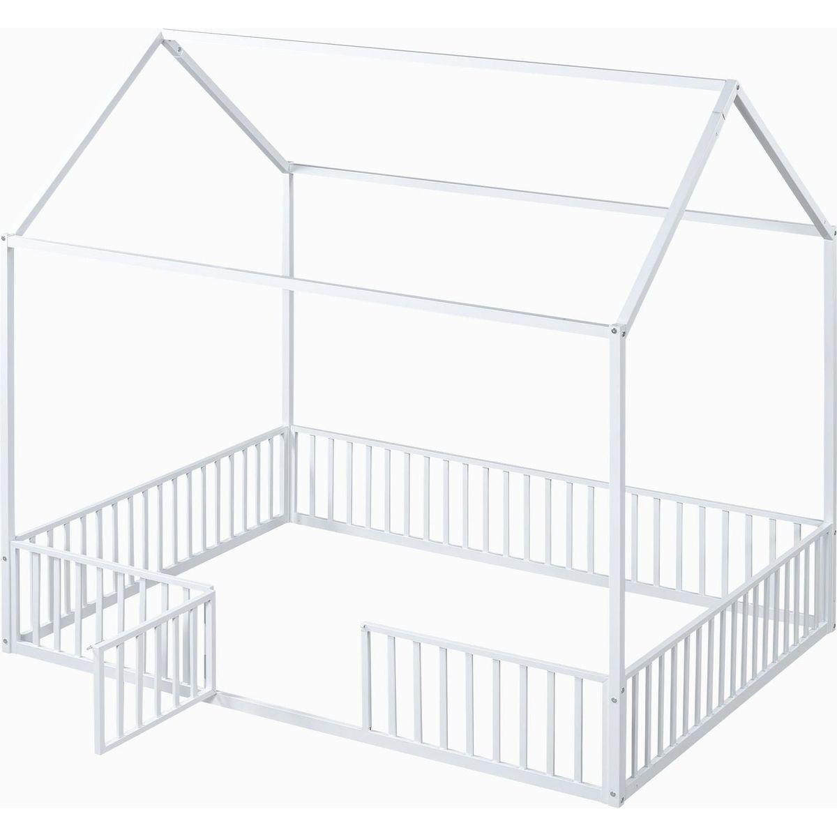 Full Size Metal House Bed with Fence and Door, White