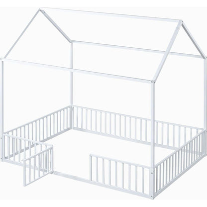 Full Size Metal House Bed with Fence and Door, White