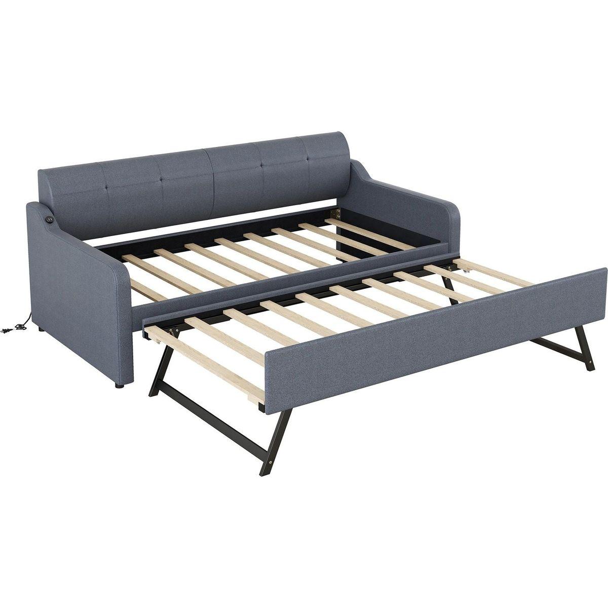Twin Size Upholstery DayBed with Trundle and USB Charging Design,Trundle can be flat or erected,Gray