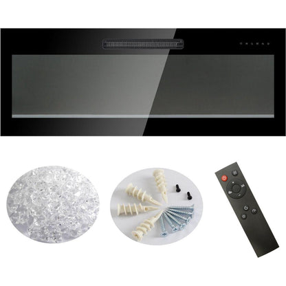 42 inch recessed ultra thin tempered glass front wall mounted electric fireplace with remote and multi color flame & emberbed, LED light heater