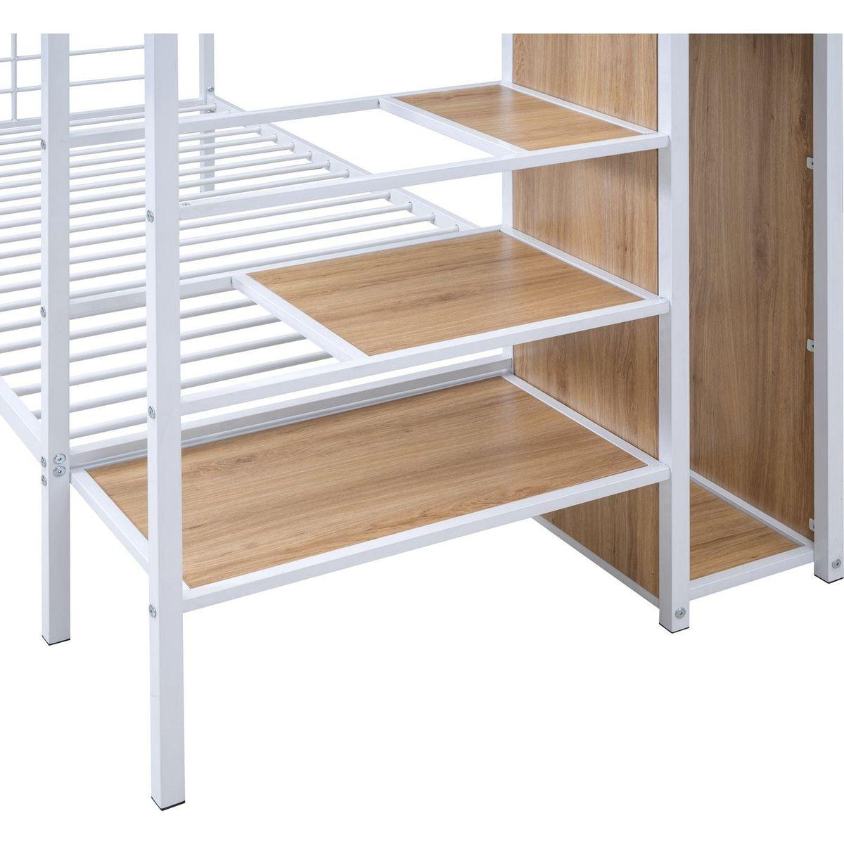 Twin Over Twin Metal Bunk Bed with Lateral Storage Ladder and Wardrobe, White