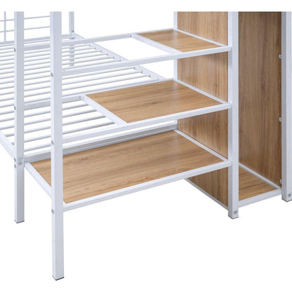 Twin Over Twin Metal Bunk Bed with Lateral Storage Ladder and Wardrobe, White