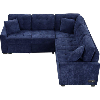 82.6" L-shape Sofa Bed Pull-out Sleeper Sofa with Wheels, USB Ports, Power Sockets for Living Room, Navy Blue