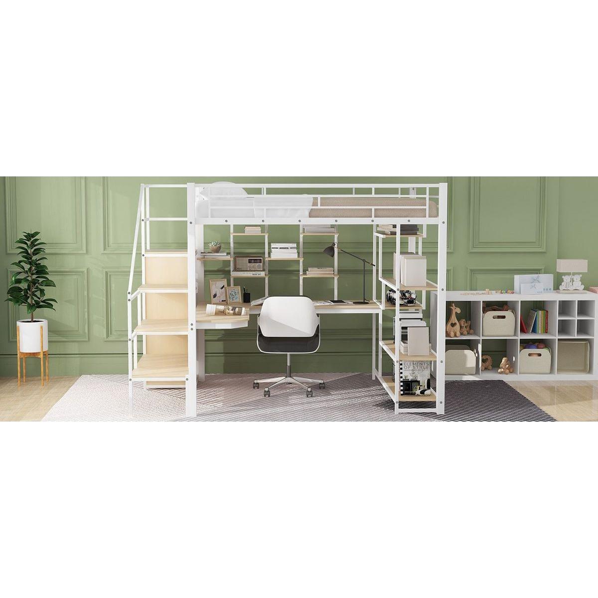 Full Size Metal Loft Bed with Storage Staircase and Small Wardrobe, Built-in Desk and Storage Shelves, White