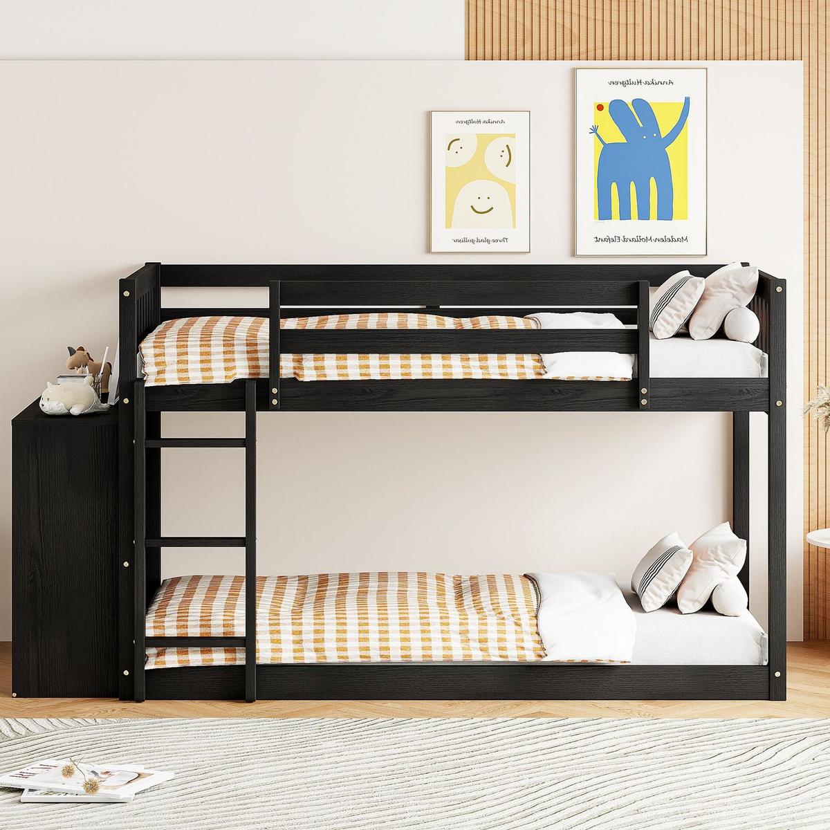 Twin over Twin Bunk Bed with 4 Drawers and 3 Shelves-Espresso