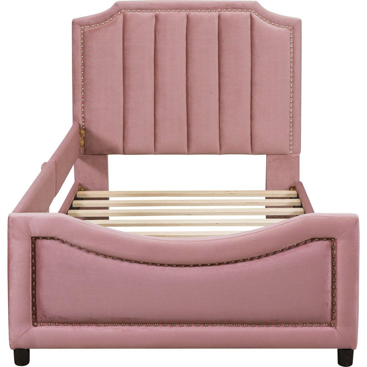 Twin Size Upholstered Daybed with Classic Stripe Shaped Headboard, Pink