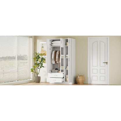 3-Door Mirror Wardrobe with 2 Drawers and Top Cabinet,White