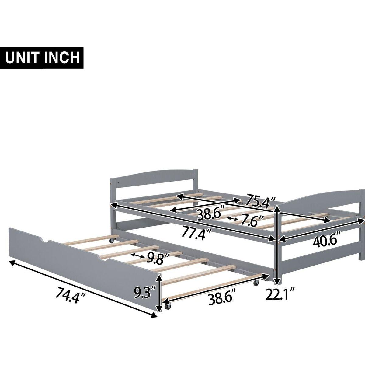 Twin Size Platform Bed with Twin Size Trundle, Gray