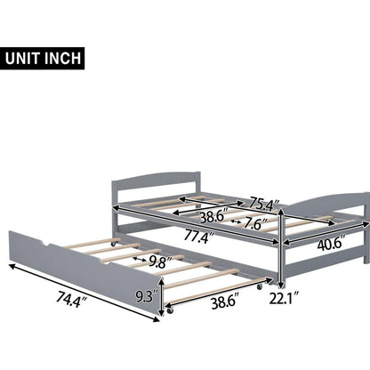 Twin Size Platform Bed with Twin Size Trundle, Gray