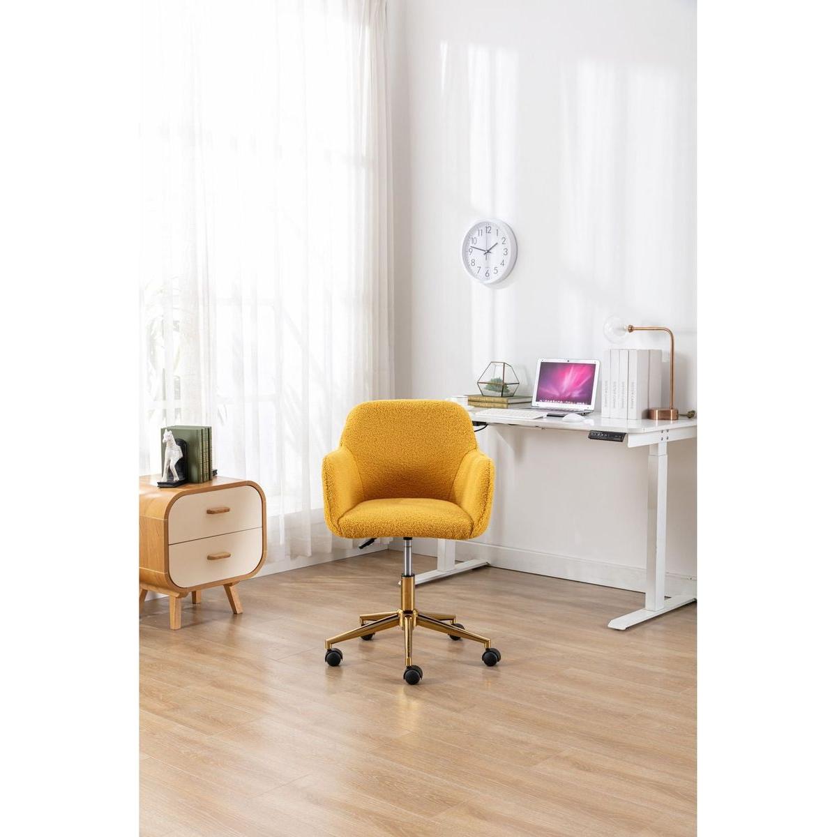 Modern Teddy Fabric Material Adjustable Height 360 Revolving Home Office Chair With Gold Metal Legs And Universal Wheel For Indoor,Yellow