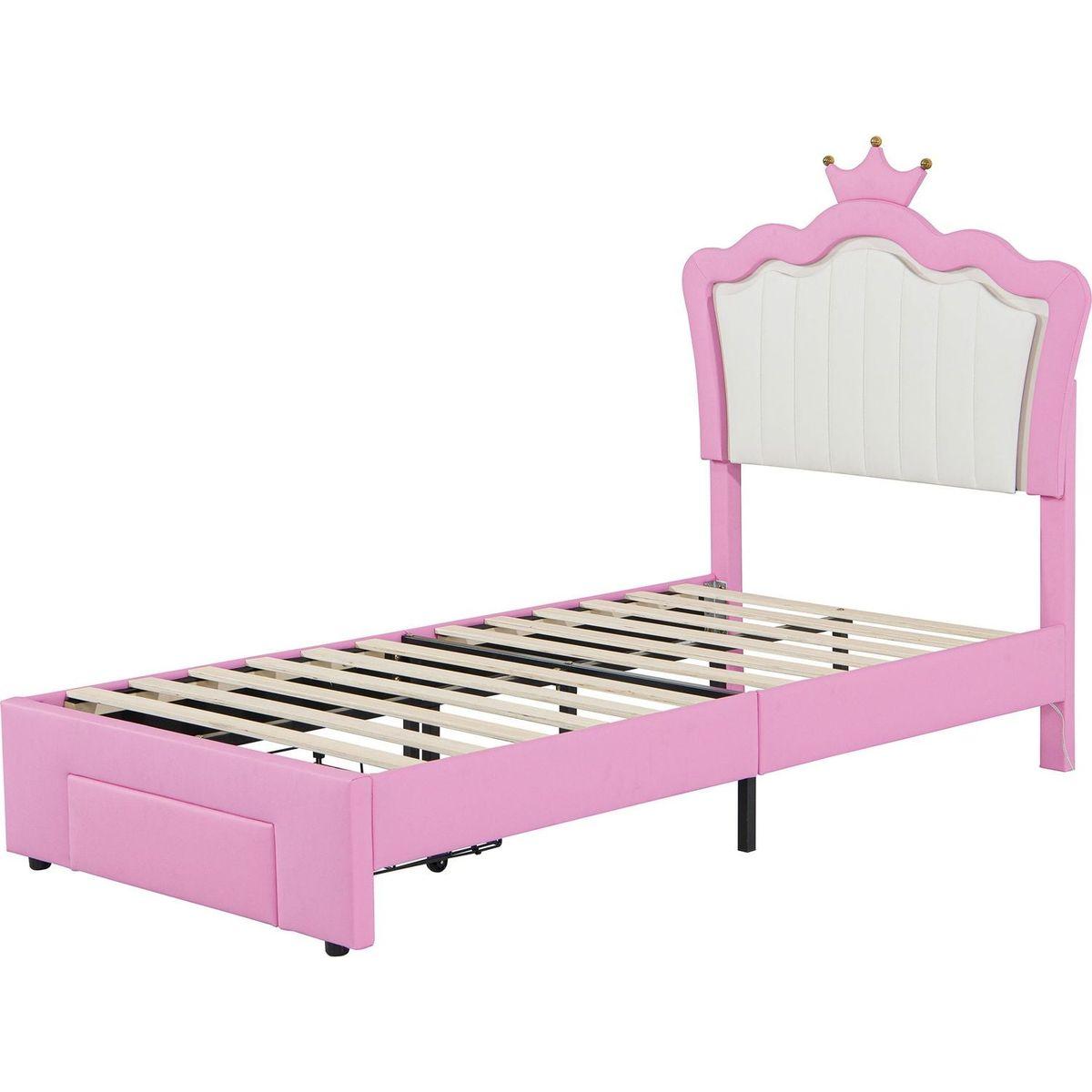 Twin Size Upholstered Bed Frame with LED Lights, Modern Upholstered Princess Bed with Crown Headboard, a Drawer, Pink+White