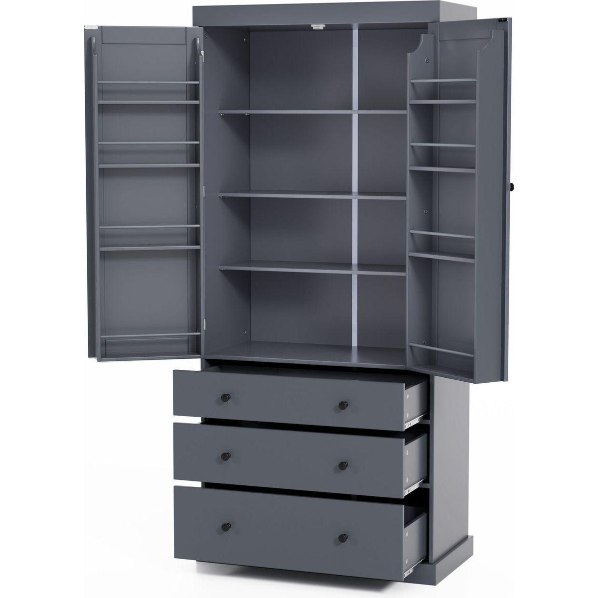 [Assembly Video Provided]77inch Farmhouse Kitchen Pantry, Freestanding Tall Cupboard Storage Cabinet with 3 Adjustable Shelves, 8 Door Shelves, 3 Drawers for Kitchen, Dining Room, Gray