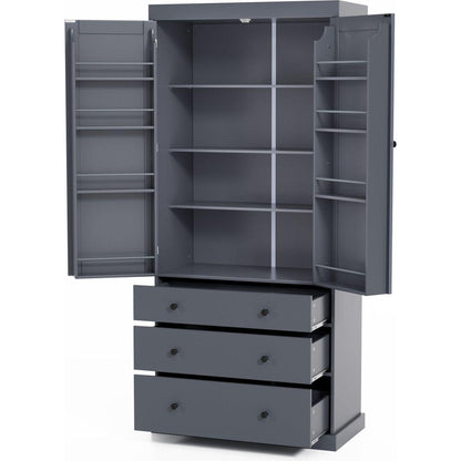 [Assembly Video Provided]77inch Farmhouse Kitchen Pantry, Freestanding Tall Cupboard Storage Cabinet with 3 Adjustable Shelves, 8 Door Shelves, 3 Drawers for Kitchen, Dining Room, Gray