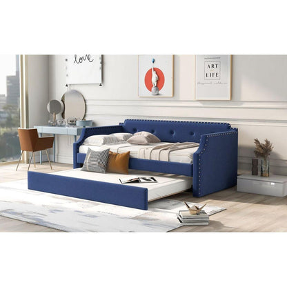 Upholstered Daybed with Trundle, Wood Slat Support,Upholstered Frame Sofa Bed, Twin,Blue