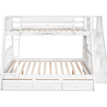 Twin-Over-Full Bunk Bed with Drawers氓Ladder and Storage Staircase, White